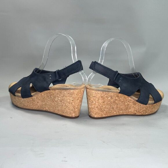 Clarks Sandals Women's Size 8.5 Blue Leather Cork Wedge‎ Platform Adjustable - Picture 6 of 14